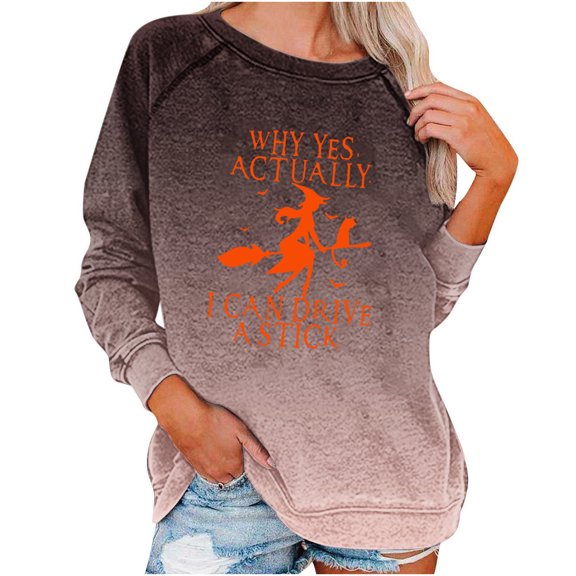 WREESH Halloween Sweatshirts Women Casual Full Sleeve Round Neck Tops Loose Blouse Print Graphic Sweatshirt Khaki