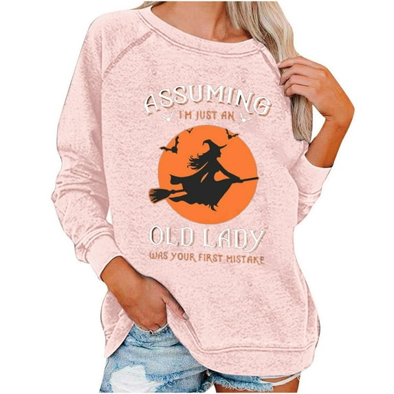 WREESH Halloween Sweatshirts Women Casual Full Sleeve Round Neck Tops Loose Blouse Print Graphic Sweatshirt Pink