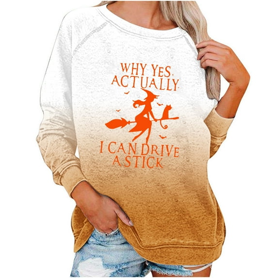 WREESH Halloween Sweatshirts Women Casual Full Sleeve Round Neck Tops Loose Blouse Print Graphic Sweatshirt White