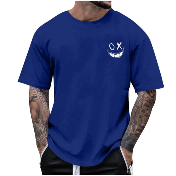 WREESH Halloween T-Shirts Summer Fashion Casual Men's Round Neck Printed T-Shirt Top Blue