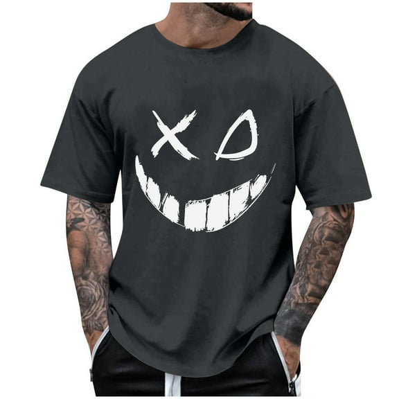 WREESH Halloween T-Shirts Summer Fashion Casual Men's Round Neck Printed T-Shirt Top Gray