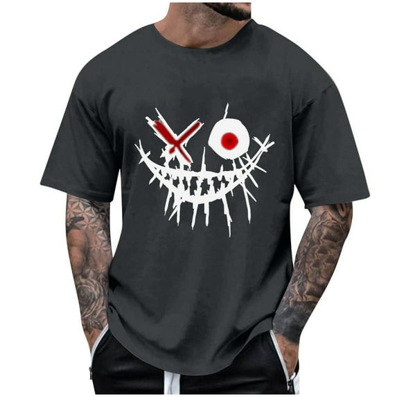 WREESH Halloween T-Shirts Summer Fashion Casual Men's Round Neck Printed T-Shirt Top Gray