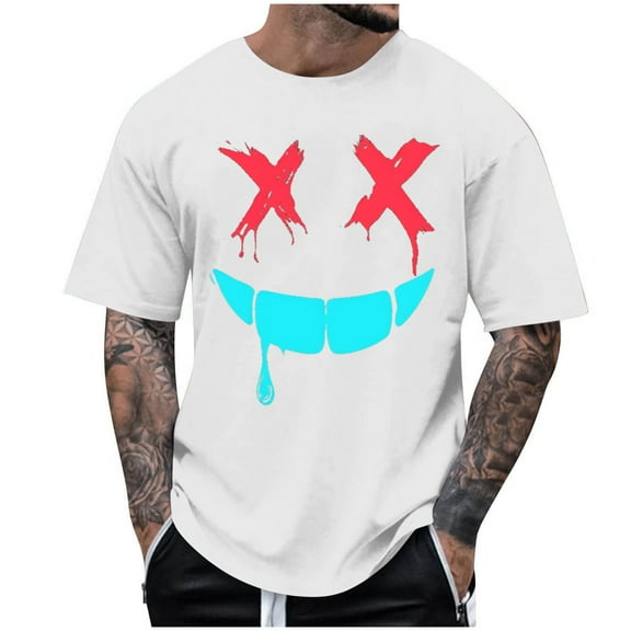 WREESH Halloween T-Shirts Summer Fashion Casual Men's Round Neck Printed T-Shirt Top White