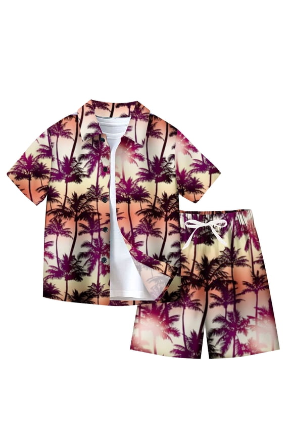 WREESH Hawaiian Print Short Sleeve Lapel Set Boys and Girls' Elastic Waist Drawstring Shorts Two-Piece Set (7-14 Years) Brown