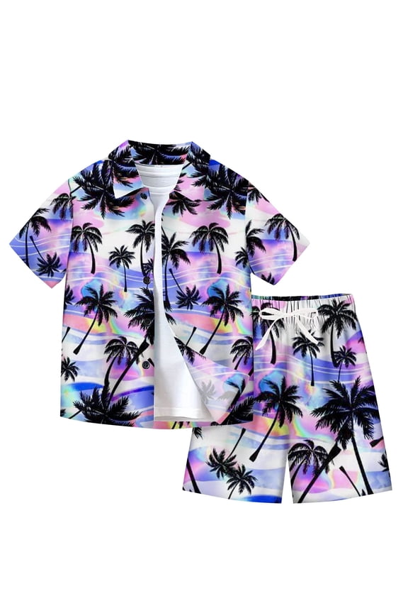 WREESH Hawaiian Print Short Sleeve Lapel Set Boys and Girls' Elastic Waist Drawstring Shorts Two-Piece Set (7-14 Years) Purple