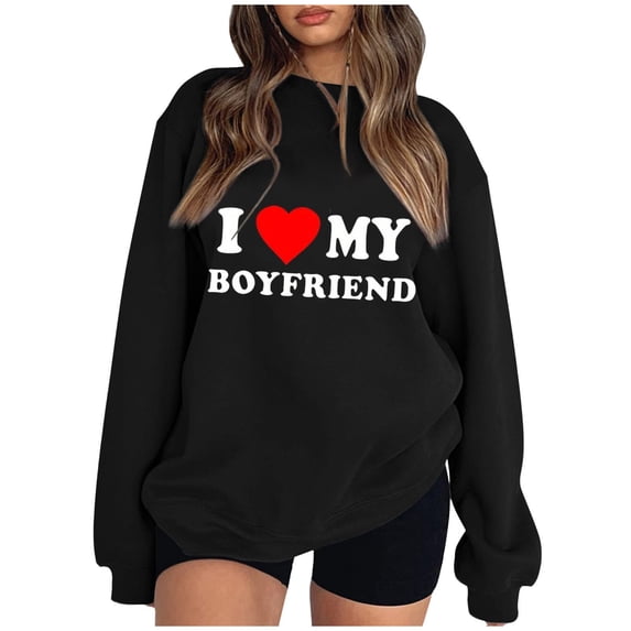 WREESH I Love My Boyfirend Shirt for Women Fashion Sweatshirt Casual Crewneck Sweatshirt Letter Print Pullover Loose Fit Long Sleeve Tops Loose Blouse Casual Pullover Tops Sweatershirt Black