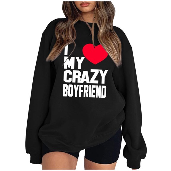 WREESH I Love My Boyfirend Shirt for Women Fashion Sweatshirt Casual Crewneck Sweatshirt Letter Print Pullover Loose Fit Long Sleeve Tops Loose Blouse Casual Pullover Tops Sweatershirt Black