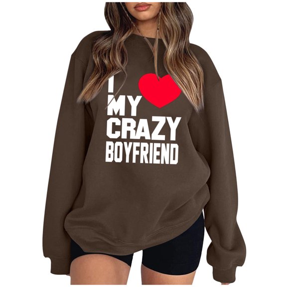 WREESH I Love My Boyfirend Shirt for Women Fashion Sweatshirt Casual Crewneck Sweatshirt Letter Print Pullover Loose Fit Long Sleeve Tops Loose Blouse Casual Pullover Tops Sweatershirt Coffee