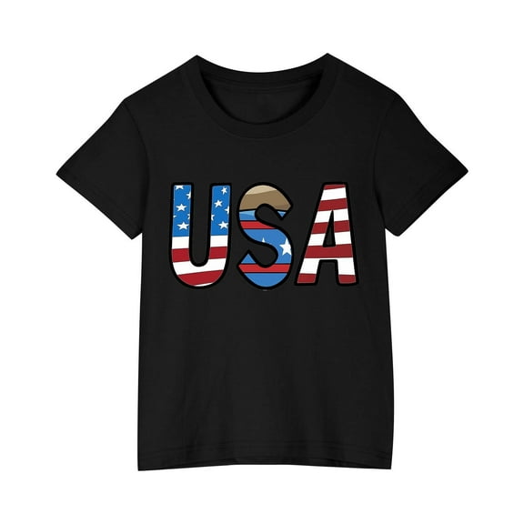 WREESH Independence Day Cotton T-Shirts Fashion Cute Round Neck Print Tees for Toddler Kids Black