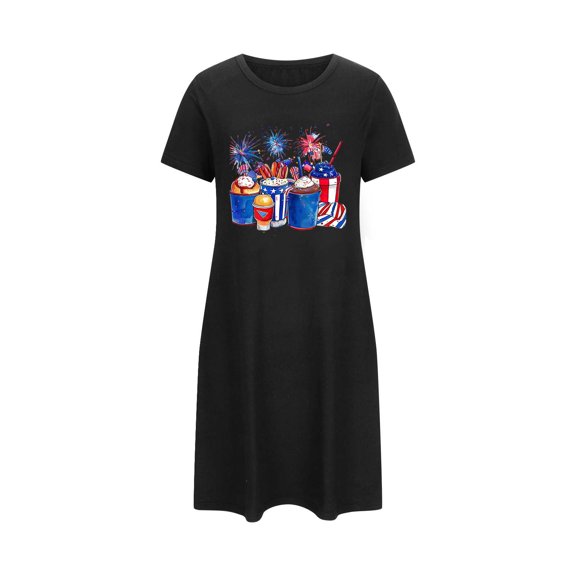 WREESH Independence Day Sleepwear Women's Short Nightgown with Patriotic Print Crew Neck T-Shirt Dress Black