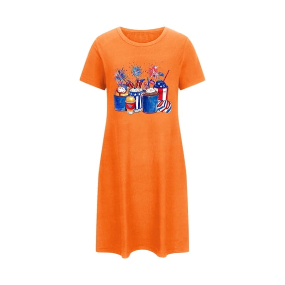 WREESH Independence Day Sleepwear Women's Short Nightgown with Patriotic Print Crew Neck T-Shirt Dress Orange
