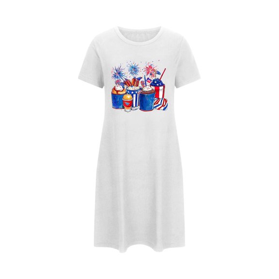 WREESH Independence Day Sleepwear Women's Short Nightgown with Patriotic Print Crew Neck T-Shirt Dress White