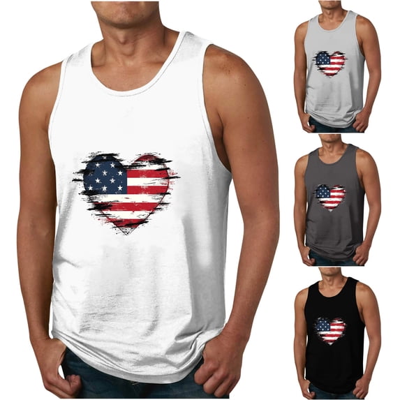 WREESH Independence Day Workout Tank Men's Printed Crew Neck Top Sporty and Patriotic Shirts White