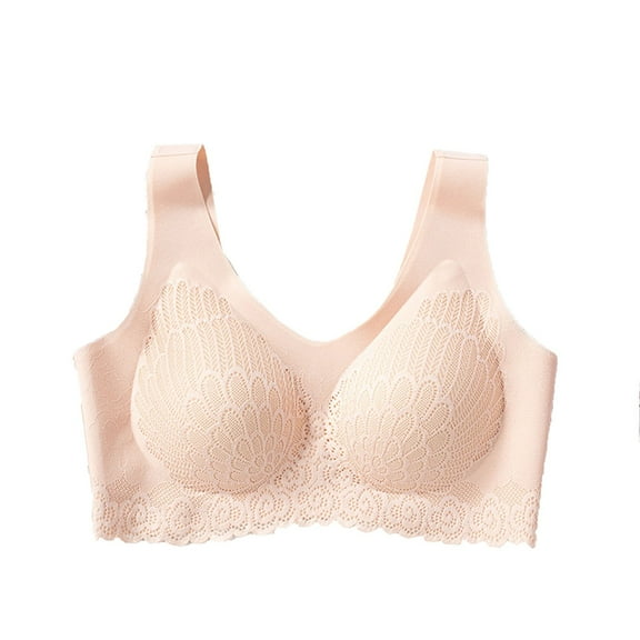 WREESH Lace Bra Balconette Bra Women Seamless Underwear No Underwire Bras Wireless Bras Gathered and Side Breasts Sports Lace Sleeping Bra Back-Smoothing Lightly Lined Bra Underwear Beige