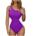 thumbnail image 1 of WREESH Women's Fashion One Shoulder Color Block Swimsuit Tummy Control Swimwear Modest Bathing Suit with Keyhole Back Purple, 1 of 5