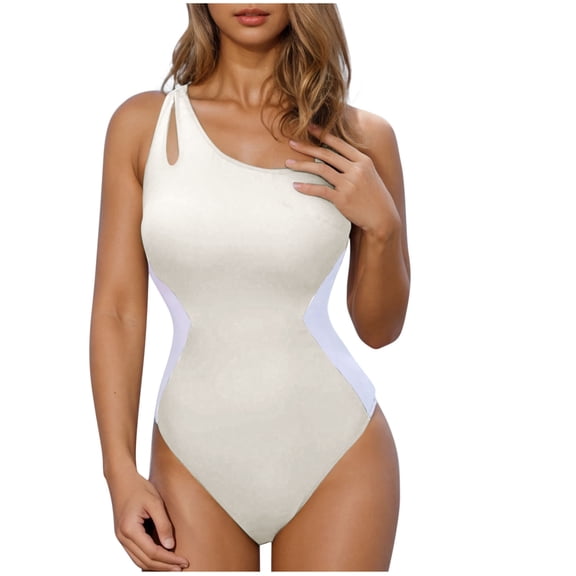 WREESH Women's Color Block One Shoulder Swimsuit Tummy Control One Piece Bathing Suit Modest Full Coverages Keyhole Swimwear White