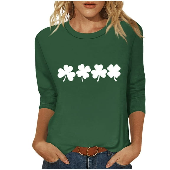 WREESH Ladies St Patricks Day Shamrock Graphic Tees 3/4 Length Sleeve Tops Trendy Summer Casual Tops for Festive