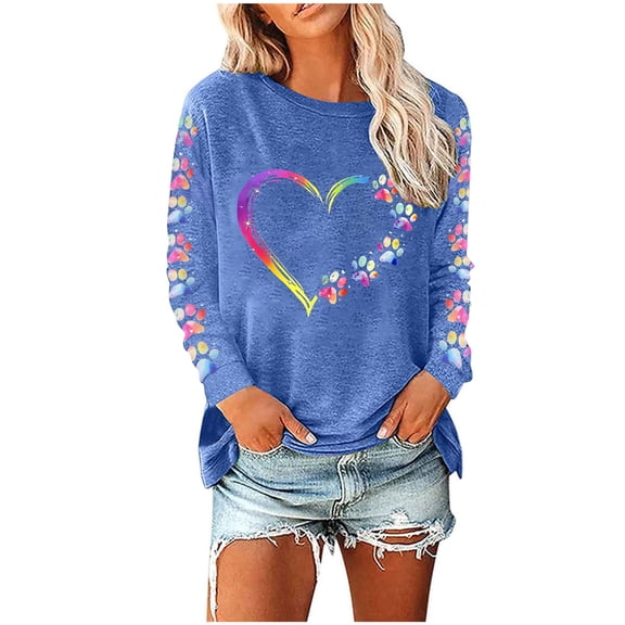 WREESH Long Sleeve Shirt for Women Valentine's Day Printed Blouses Crew Neck Pullover Tunic Tops for Casual Spring T-Shirts Blue