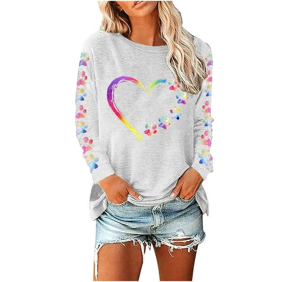 WREESH Long Sleeve Shirt for Women Valentine's Day Printed Blouses Crew Neck Pullover Tunic Tops for Casual Spring T-Shirts White