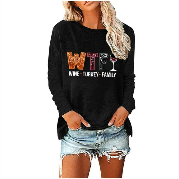 WREESH Long Sleeve T-Shirt for Women Family Thanksgiving Shirts Casual Letter Graphic Tees Fall Tops 2025 Black