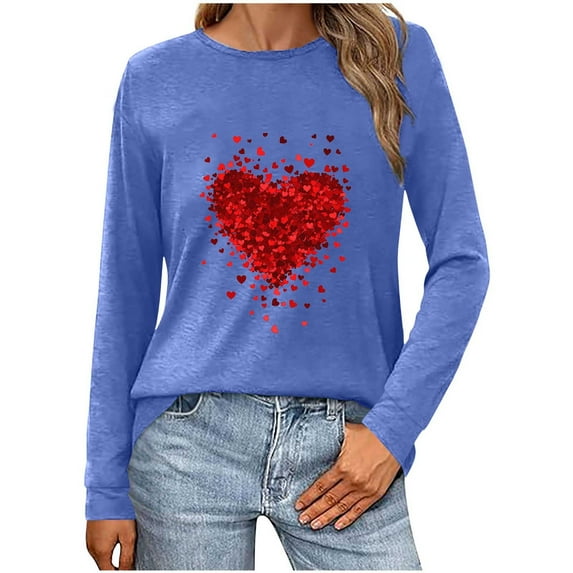 WREESH Long Sleeve Tshirts for Women Valentine's Heart Graphic Shirts Casual Spring Blouses Crew Neck Pullover Tops Blue