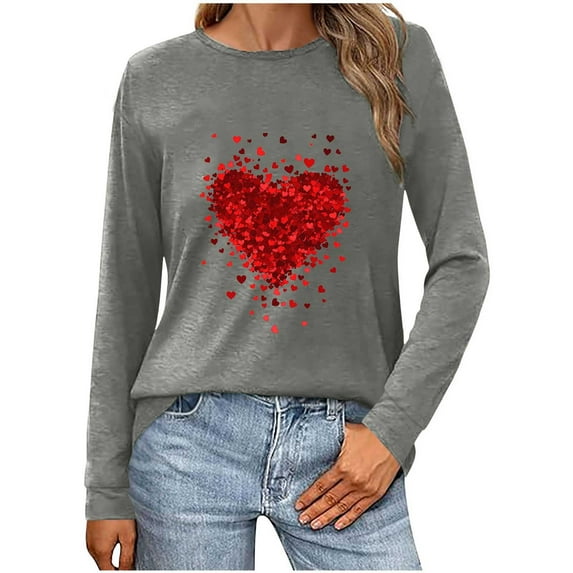 WREESH Long Sleeve Tshirts for Women Valentine's Heart Graphic Shirts Casual Spring Blouses Crew Neck Pullover Tops Gray