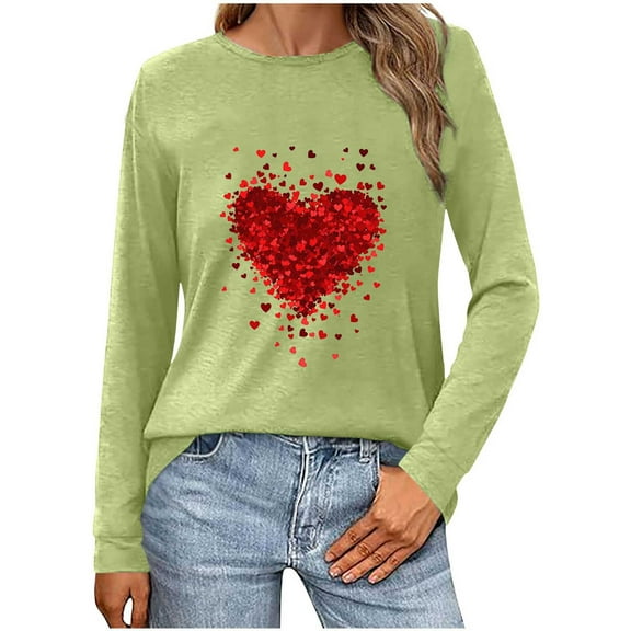 WREESH Long Sleeve Tshirts for Women Valentine's Heart Graphic Shirts Casual Spring Blouses Crew Neck Pullover Tops Green