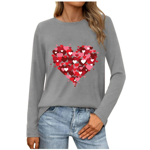 WREESH Long Sleeve Women's Shirts Valentine's Heart Graphic Shirts Casual Spring Blouses Loose Fitting Spring Tops T Shirt Gray