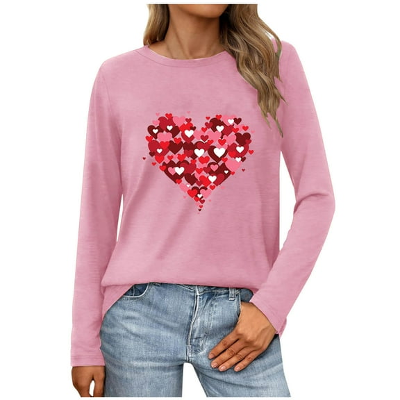 WREESH Long Sleeve Women's Shirts Valentine's Heart Graphic Shirts Casual Spring Blouses Loose Fitting Spring Tops T Shirt Pink