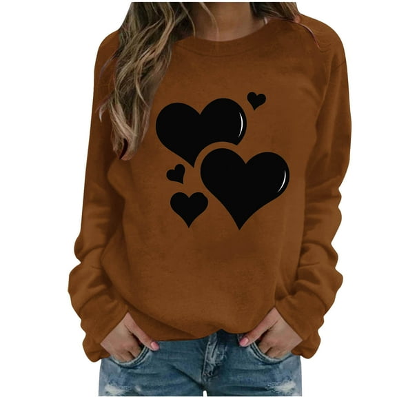 WREESH Long Sleeve Womens Shirts Valentine's Heart Graphic Shirts Casual Spring Blouses Dressy Casual Tops Brown