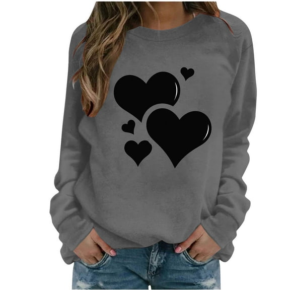WREESH Long Sleeve Womens Shirts Valentine's Heart Graphic Shirts Casual Spring Blouses Dressy Casual Tops Gray