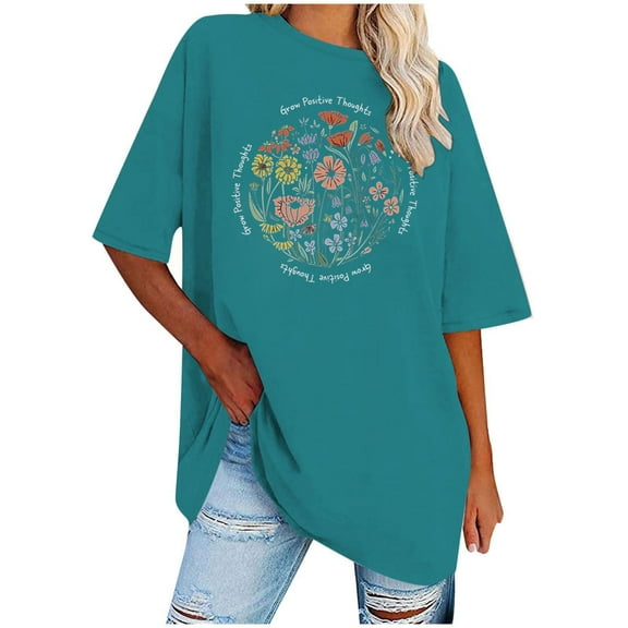 WREESH Loose Fit Round-Neck T-Shirts Women's Oversized Printed Short Sleeve Casual Tops Blue