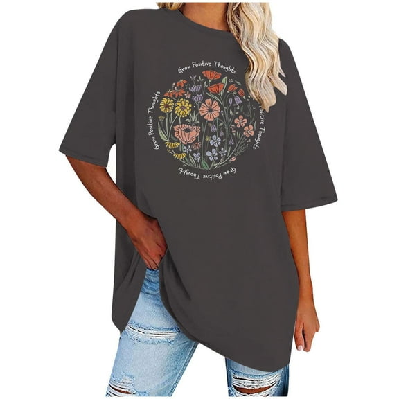 WREESH Loose Fit Round-Neck T-Shirts Women's Oversized Printed Short Sleeve Casual Tops Gray