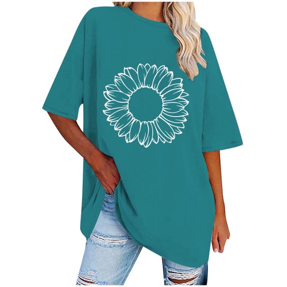WREESH Loose Printed Women's T-Shirts Oversized Round-Neck Short Sleeve Blouses Blue
