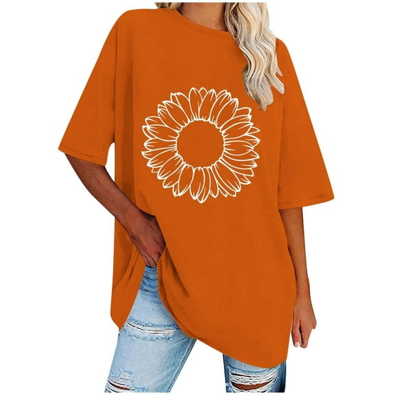 WREESH Loose Printed Women's T-Shirts Oversized Round-Neck Short Sleeve Blouses Orange