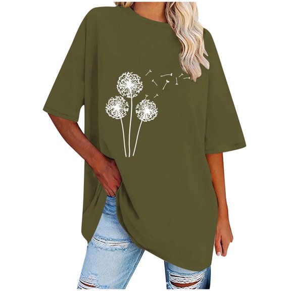 WREESH Loose Short Sleeve Printed Blouses Women's Oversized Round-Neck T-Shirts Olive Green