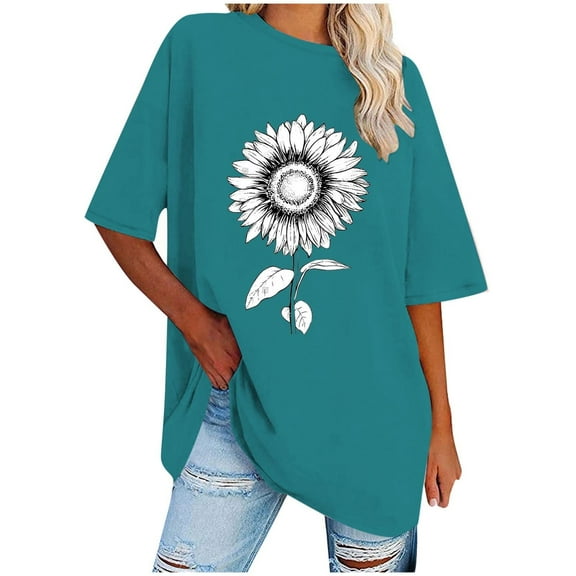 WREESH Loose Short Sleeve Printed T-Shirts Women's Oversized Casual Tops Blue