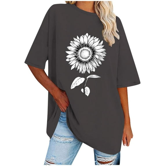 WREESH Loose Short Sleeve Printed T-Shirts Women's Oversized Casual Tops Gray