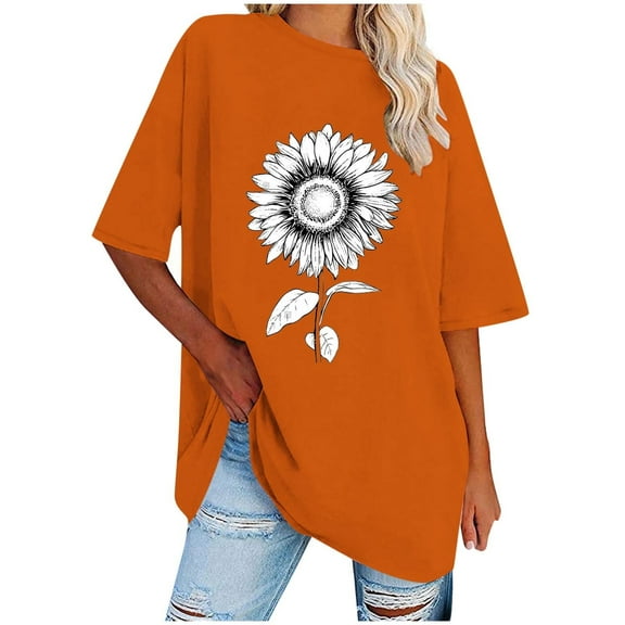 WREESH Loose Short Sleeve Printed T-Shirts Women's Oversized Casual Tops Orange