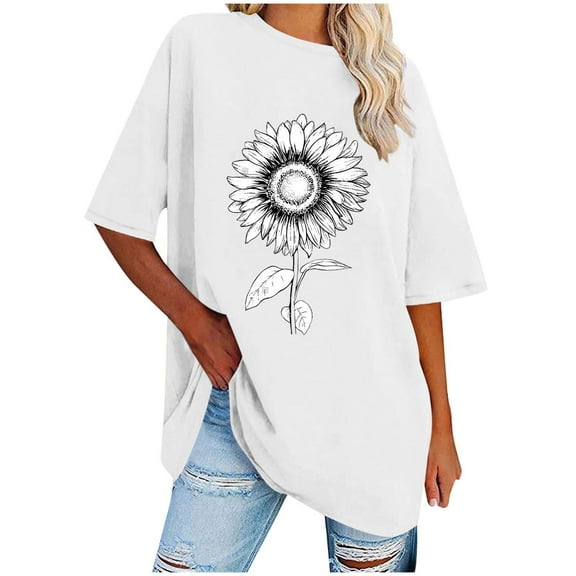 WREESH Loose Short Sleeve Printed T-Shirts Women's Oversized Casual Tops White