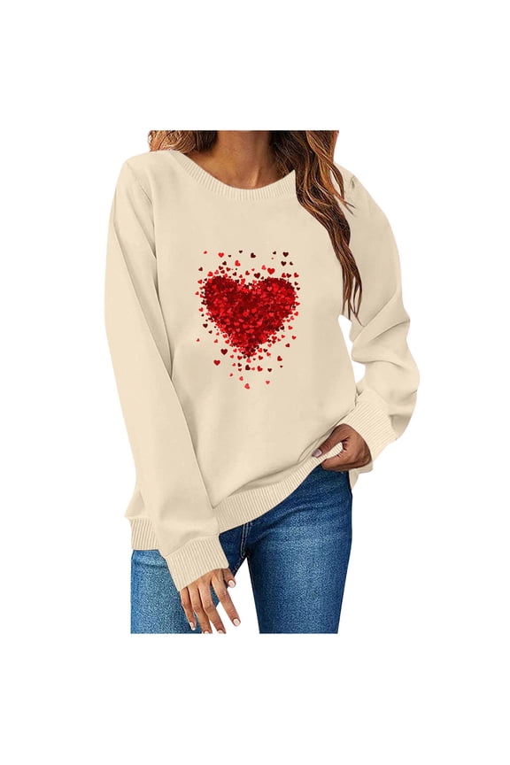 Matching Couple Sweatshirt Valentine's Day Outfit, 1 Piece Heart Printed Pullover Tops Anniversary Valentine Gifts for Him and Her Beige