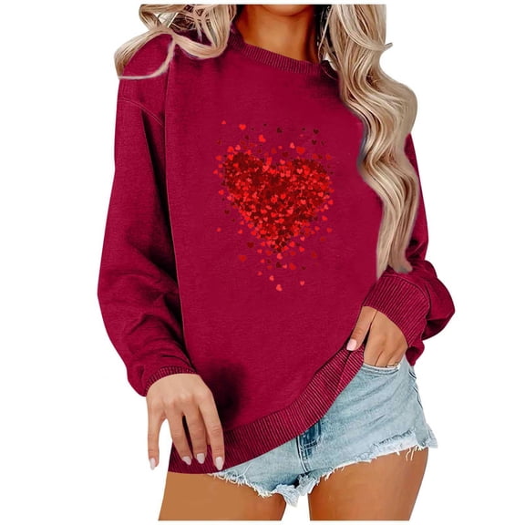 WREESH Matching Couple Sweatshirt Valentine's Day Outfit, 1 Piece Heart Printed Pullover Tops Anniversary Valentine Gifts for Him and Her Wine