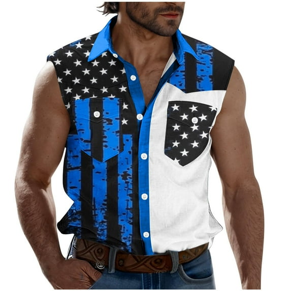 WREESH Men Sleeveless 4th of July Shirt American Flag Button Down Patriotic Shirts Tank Top with Pockets Summer Casual