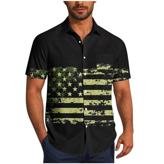 WREESH Men Summer Button Up Shirt American Flag Print Short Sleeve Casual Hawaiian Beach Shirt 4th of July with Pocket