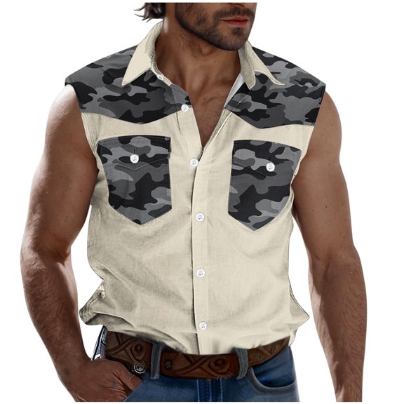 WREESH Men Summer Sleeveless Button Down Shirt Camouflage Patchwork Tank Top Trendy Casual Muscle Shirt with Pockets