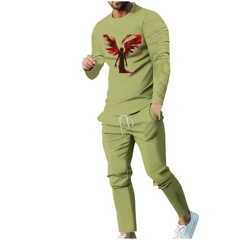 WREESH Men s 2 Piece Halloween Tracksuit Graphic Long Sleeve Shirts and Tapered Jogger Pants Set Olive Green Walmart