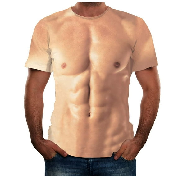 WREESH Men's 3D Muscle Printed T-Shirts Funny Round Neck Short Sleeve Workout Tops Khaki