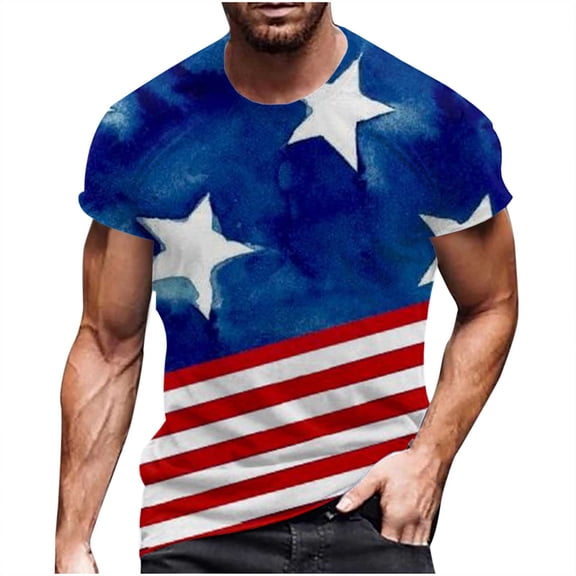 WREESH Men's 4Th of July Workout T-Shirt: Star-Spangled Short Sleeve Crewneck Patriotic Fashion Top Blue