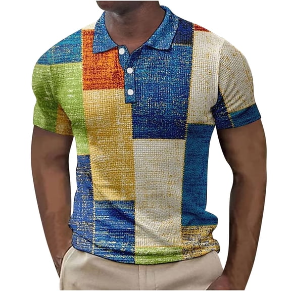 WREESH Men's Asymmetrical Hem Henley Shirt Casual Short Sleeve Top with Geometric Print & Fabric for Club Wear