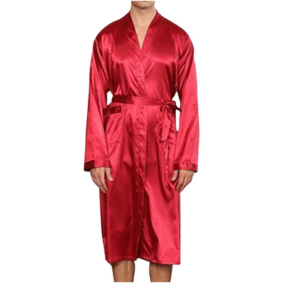 WREESH Men's Bathrobes Silk Pajamas Loungewear Long Nightgowns Solid Casual Long Sleeves Lace-Up Striped Home Pocket Long Pajama Robe Shorts Wine